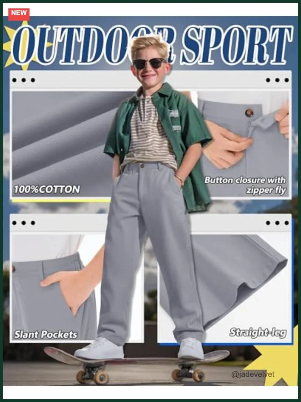 Cotton Twill School Uniform Pants with Back Elastic Waist and Pockets